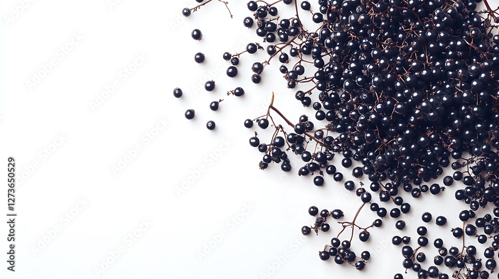 Obraz premium Black Elderberry Berries on White Background, Fresh and Natural Food