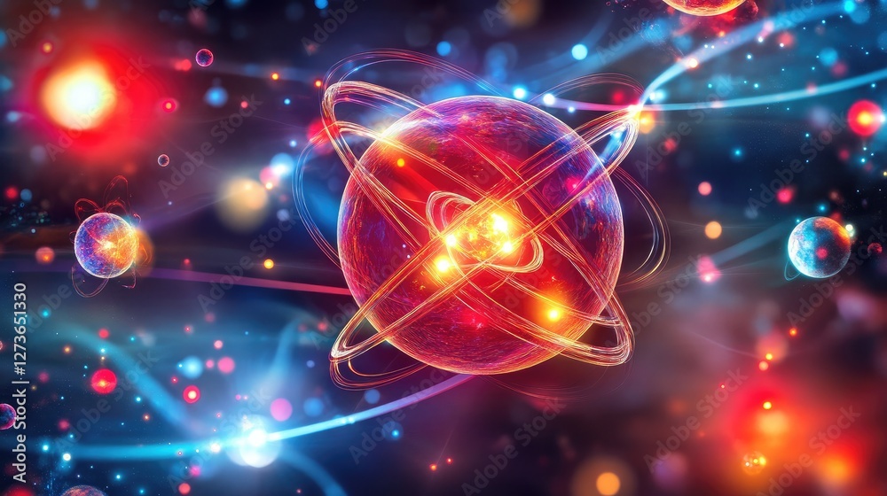 Abstract representation of quantum entanglement with interconnected particles and energy waves.