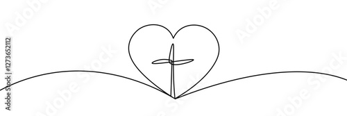 Christianity love. Heart and cross. Continuous line drawing. Religion concept. Vector illustration.