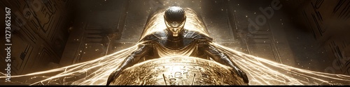 A futuristic Egyptian ruler encased in shimmering light-infused wrappings emerging from an ancient yet ultra-advanced sarcophagus