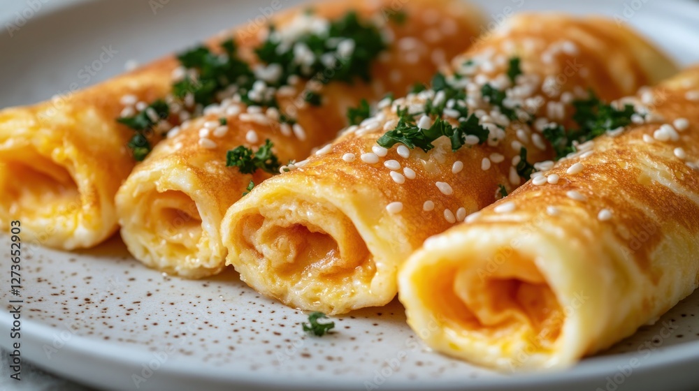 Rolled omelets with sesame seeds on a plate, close-up Rolled omelets with sesame seeds on a plate, close-up