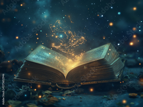 Magical Text Rising from Pages Under a Starry Night Sky
