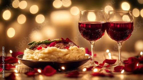 Romantic dinner with mashed potatoes, roast beef, asparagus, red wine, and candles photo