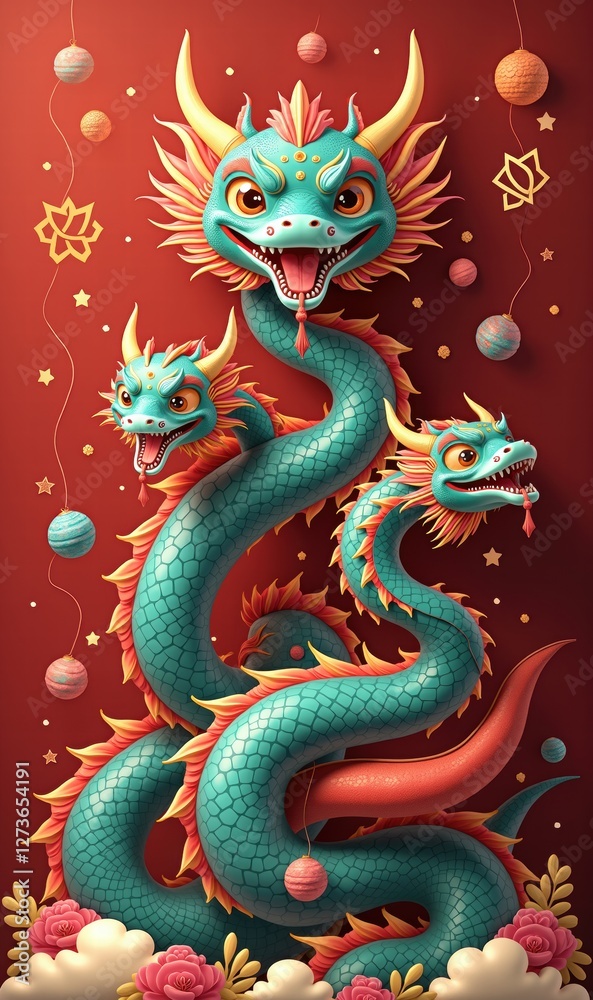 Fototapeta premium A vibrant, stylized three-headed dragon illustration, perfect for cultural events, fantasy artwork, or decorative purposes.