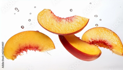 slices of peaches floating and falling against a white background