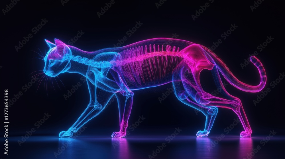 Fototapeta premium Futuristic neon X-ray illustration of a cat skeleton in motion