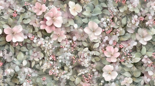 Pastel pink flowers, green leaves, seamless pattern, wedding backdrop