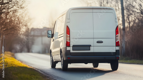 Delivery van driving away on street, symbolizing efficient logistics and timely service in modern transportation and supply chain management.