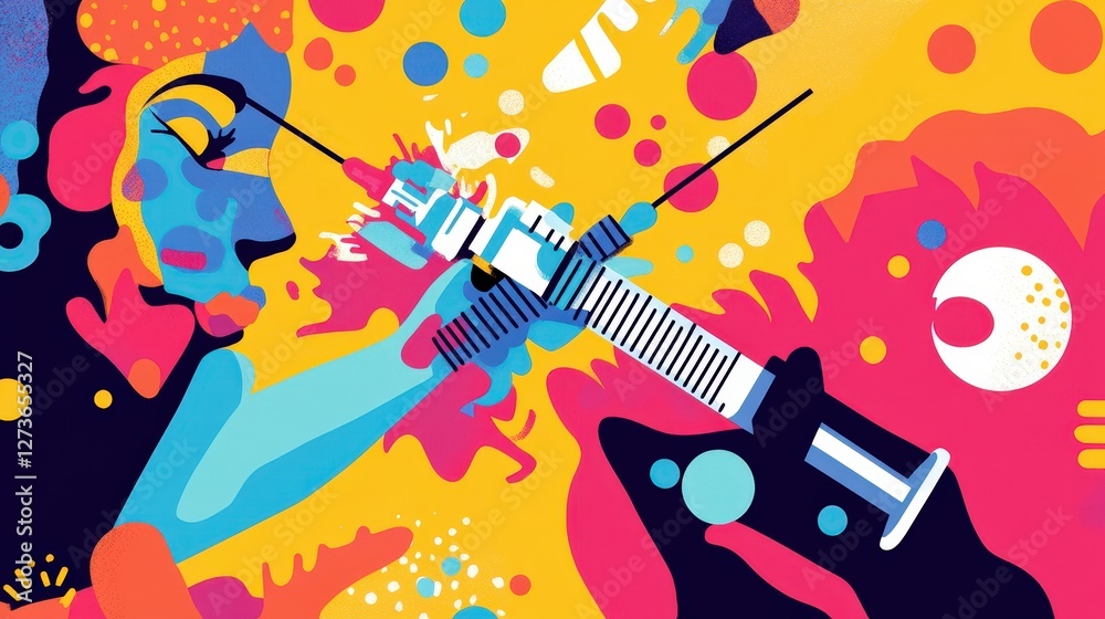 Fototapeta premium A bright, uplifting vaccination poster with bold text and an image of a needle, encouraging people to protect themselves and others through vaccination