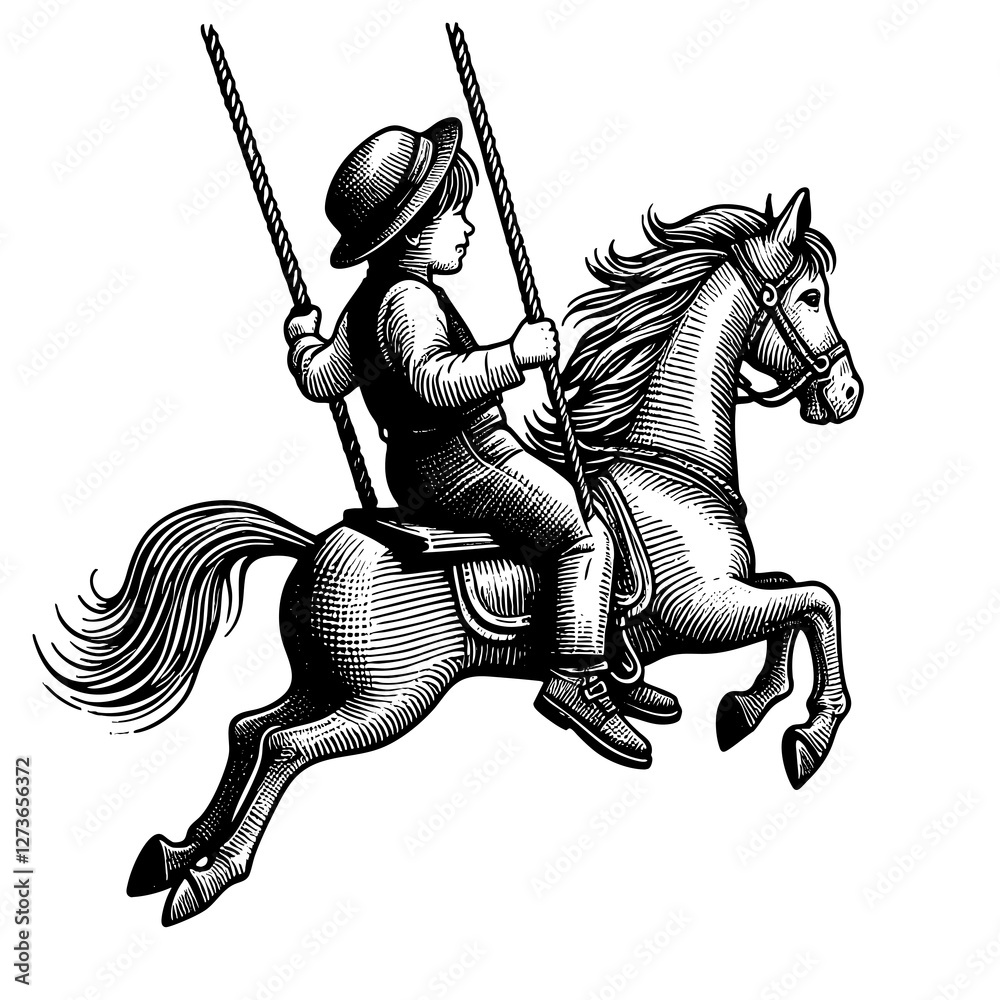 Obraz premium young boy riding a swinging horse, blending nostalgic childhood play with detailed etching in a classic artistic style engraving generative ai sketch PNG illustration