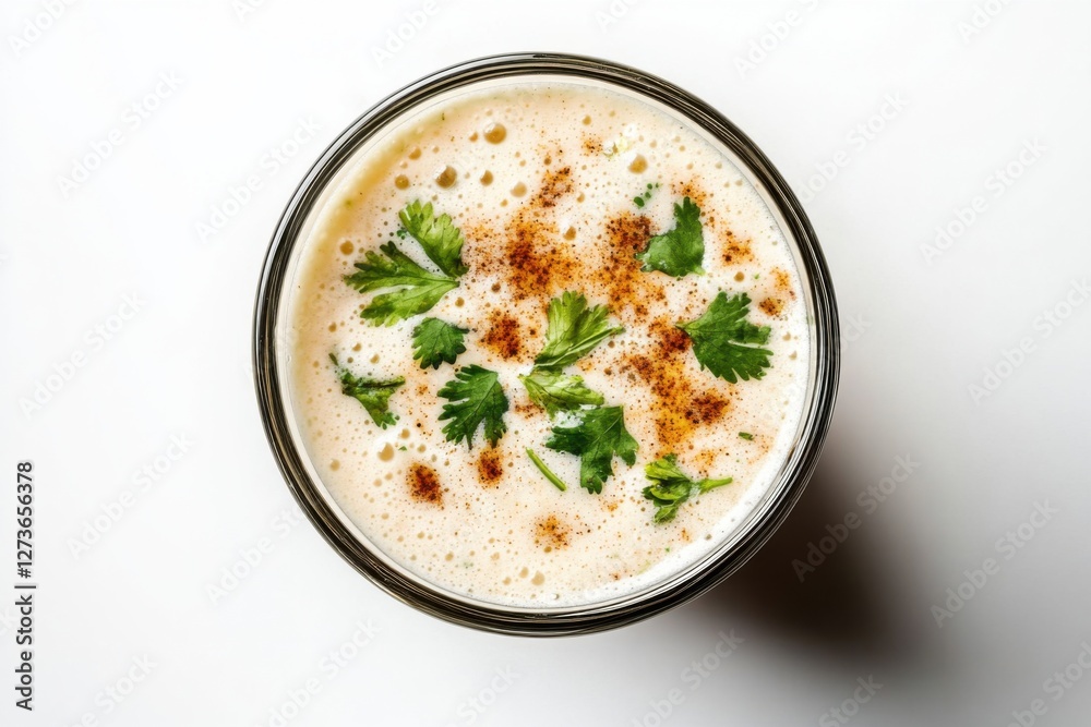 Glass of Indian Masala Chaas, savory spiced buttermilk drink, garnished with fresh herbs, white background, traditional beverage concept Glass of Indian Masala Chaas, savory spiced buttermilk drink, garnished with fresh herbs, white background, traditional beverage concept