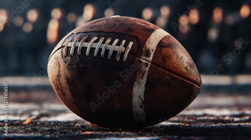 Close-Up of Worn American Football on Field with Blurred Stadium Lights in Background photo