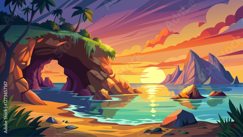 Scenic view of sea and cave during sunset