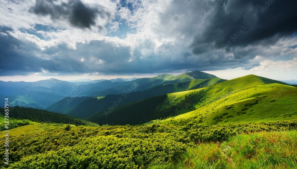 Fototapeta premium magical view of green hills and a dramatic stormy sky on a sunny day carpathian mountains ukraine europe