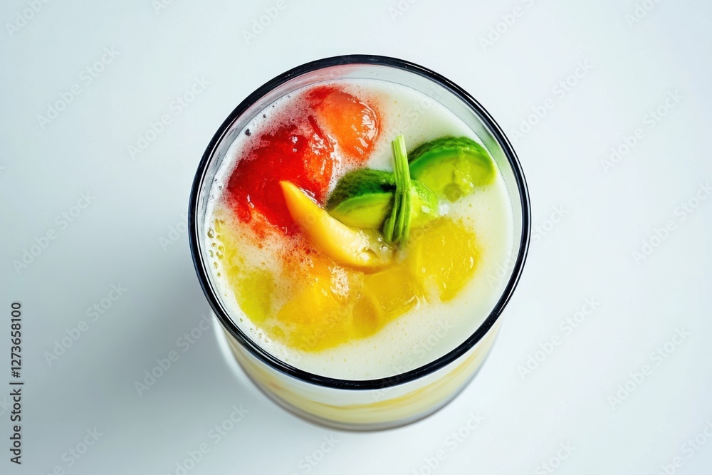 Glass of Indonesian Es Teler, colorful dessert drink, pastel colors, traditional Southeast Asian refreshment Glass of Indonesian Es Teler, colorful dessert drink, pastel colors, traditional Southeast Asian refreshment