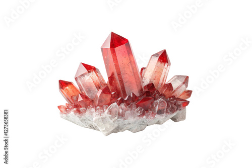 Deep crimson quartz points burst from a white mineral bed, with sharp formations and a glass-like texture giving an almost molten, glowing effect, isolated on a transparent background photo