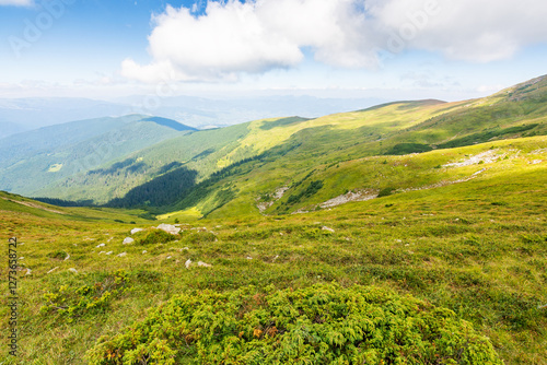 Obraz na płótnie scenic view in to the valley. outdoor adventure. beautiful landscape of carpathian mountains on a bright forenoon in summer. grassy slopes beneath a blue sky. travel chornohora ridge of ukraine w salonie