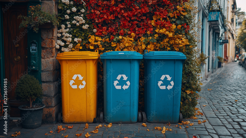Colorful recycling bins in yellow and blue contrast beautifully with vibrant autumn foliage on an enchanting city street near the entrance of a cozy dwelling Colorful recycling bins in yellow and blue contrast beautifully with vibrant autumn foliage on an enchanting city street near the entrance of a cozy dwelling
