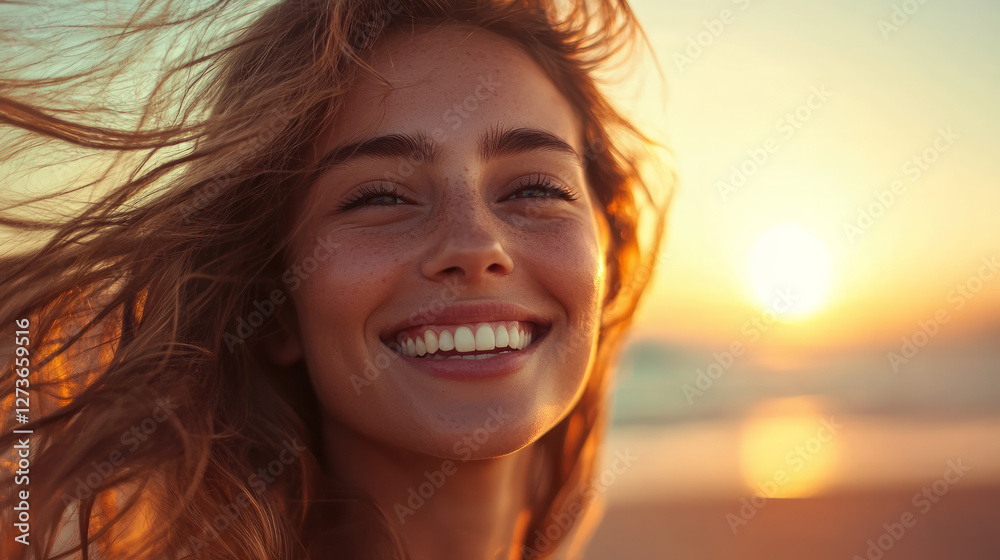 Beautiful woman smiling, with her hair blowing in the wind at sunset on the beach, generative AI Beautiful woman smiling, with her hair blowing in the wind at sunset on the beach, generative AI