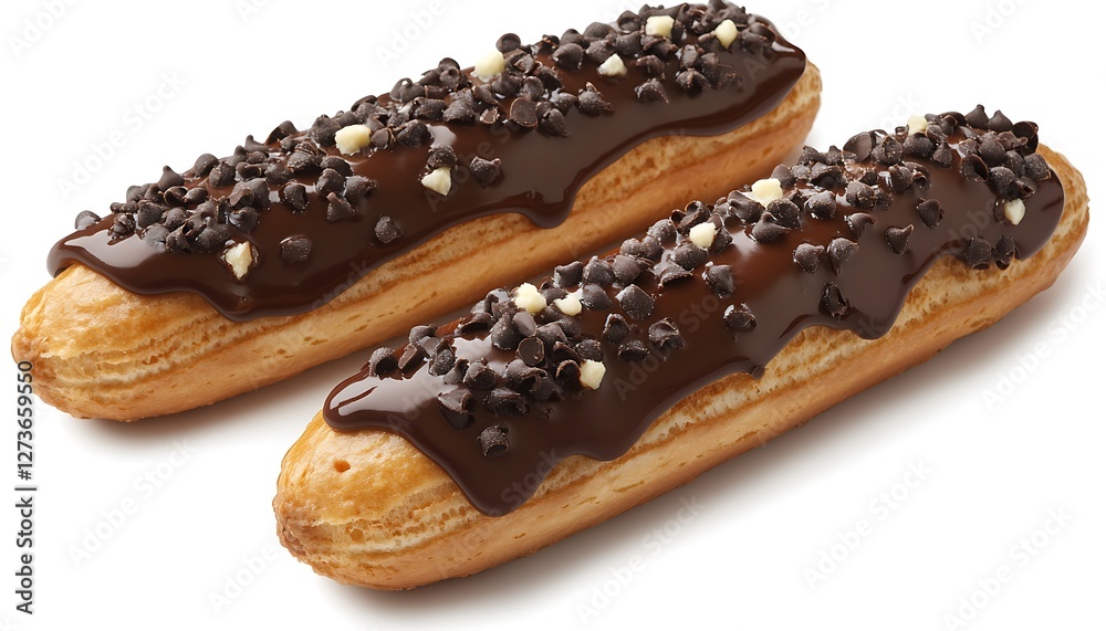 Chocolate eclairs, pastry, dessert, studio shot, white background, food photography Chocolate eclairs, pastry, dessert, studio shot, white background, food photography