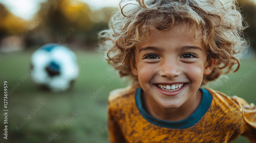 A young child beams with joy as he chases a soccer ball in a vibrant park. The warm sunlight creates a cheerful atmosphere, highlighting his playful nature and excitement A young child beams with joy as he chases a soccer ball in a vibrant park. The warm sunlight creates a cheerful atmosphere, highlighting his playful nature and excitement