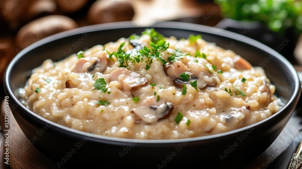 Creamy Mushroom Risotto in Black Bowl: Close-up Creamy Mushroom Risotto in Black Bowl: Close-up