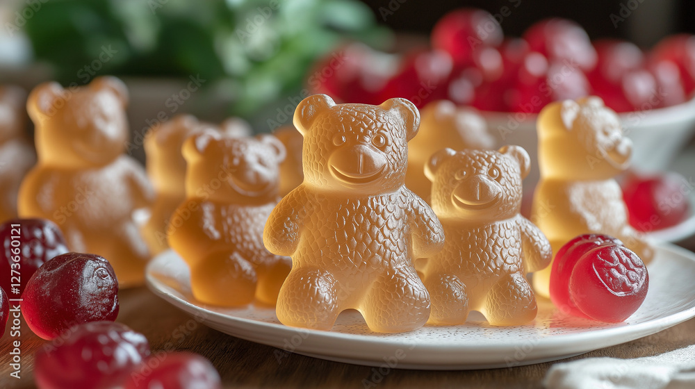 Obraz premium A collection of translucent gummy bears and shiny red cherries fills a white plate, adding color and whimsy to a cozy kitchen setting, inviting tastes of sweetness and nostalgia