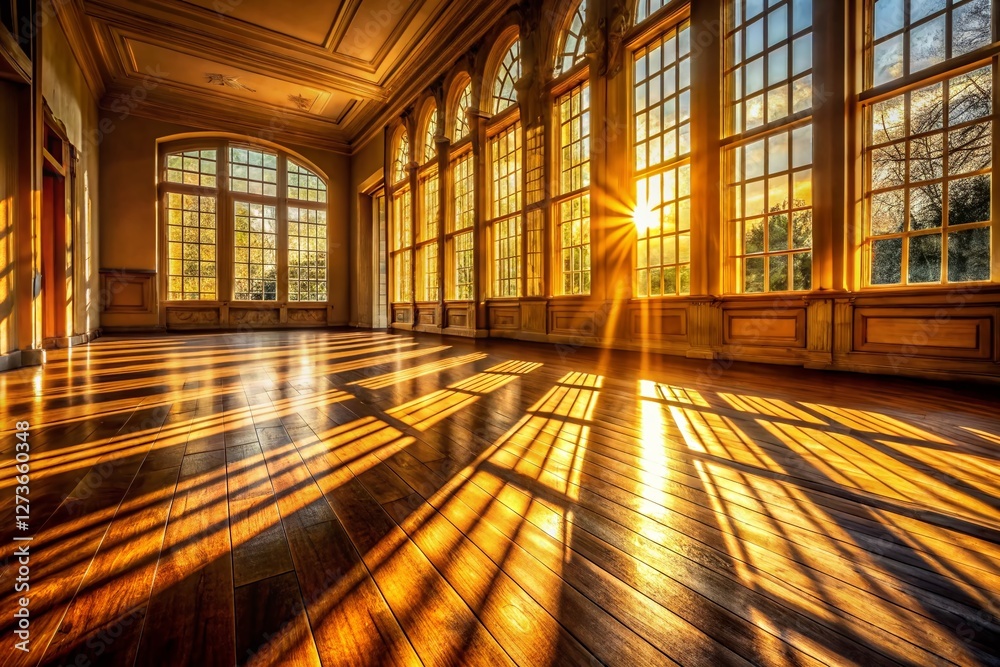 Golden Sunlight Streaming Through Large Windows, Casting Intricate Shadows on Polished Wooden Floor Golden Sunlight Streaming Through Large Windows, Casting Intricate Shadows on Polished Wooden Floor