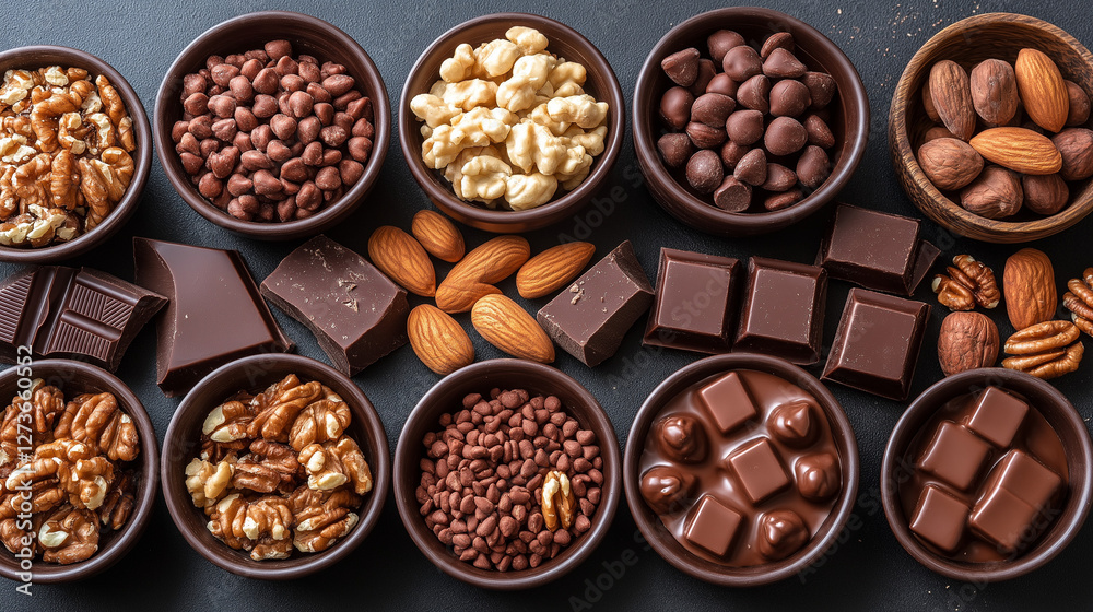 A vibrant assortment of chocolates and nuts fills small bowls, showcasing various textures and colors. Guests enjoy the treat at a lively celebration during the evening A vibrant assortment of chocolates and nuts fills small bowls, showcasing various textures and colors. Guests enjoy the treat at a lively celebration during the evening