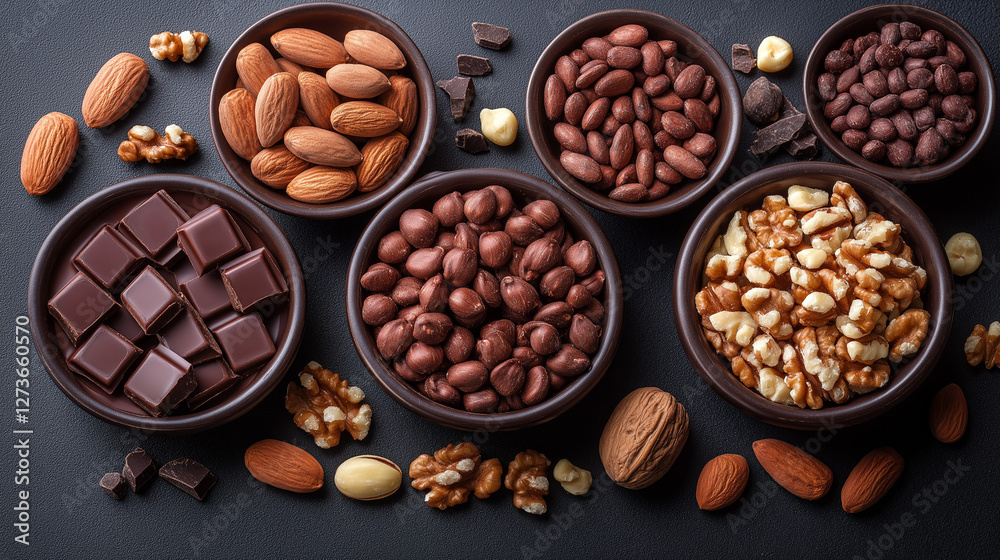 A tempting variety of nuts and chocolates is arranged in rustic bowls, inviting taste buds to indulge in a delightful combination of flavors and textures A tempting variety of nuts and chocolates is arranged in rustic bowls, inviting taste buds to indulge in a delightful combination of flavors and textures