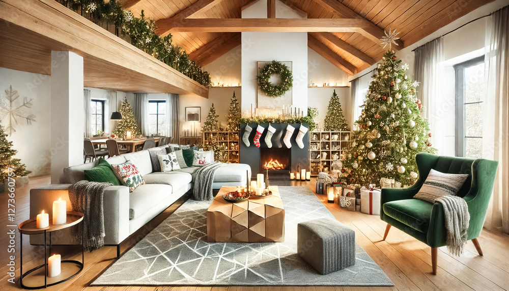 Fototapeta premium Modern Living Room Decorated for Christmas with Cozy Festive Touches