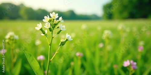 Blooming meadowsweet flowers in a lush green field, perennial, meadowsweet photo