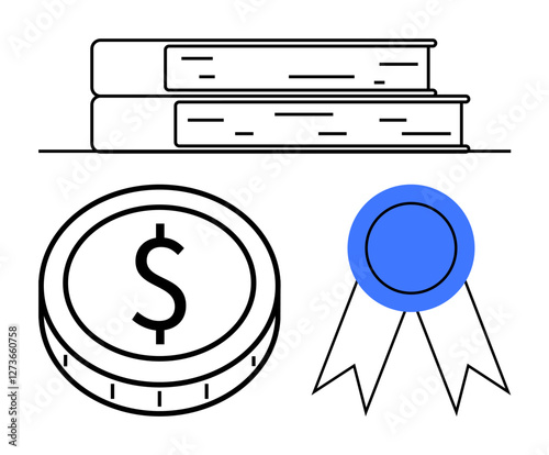 Books, dollar coin, and blue award ribbon combine to symbolize knowledge, success, and recognition. Ideal for education funding, academic goals, achievements, learning value certification