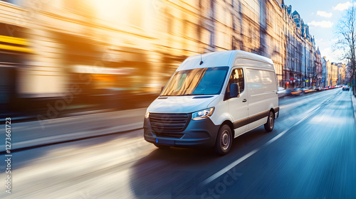 Delivery van driving away on street, symbolizing efficient logistics and timely service in modern transportation and supply chain management.