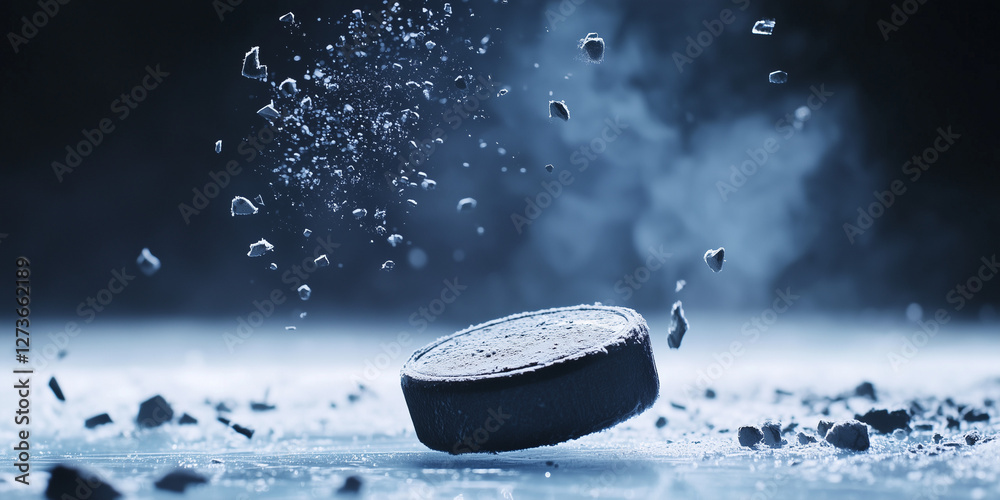 Close-up of a hockey puck falling onto the ice surface