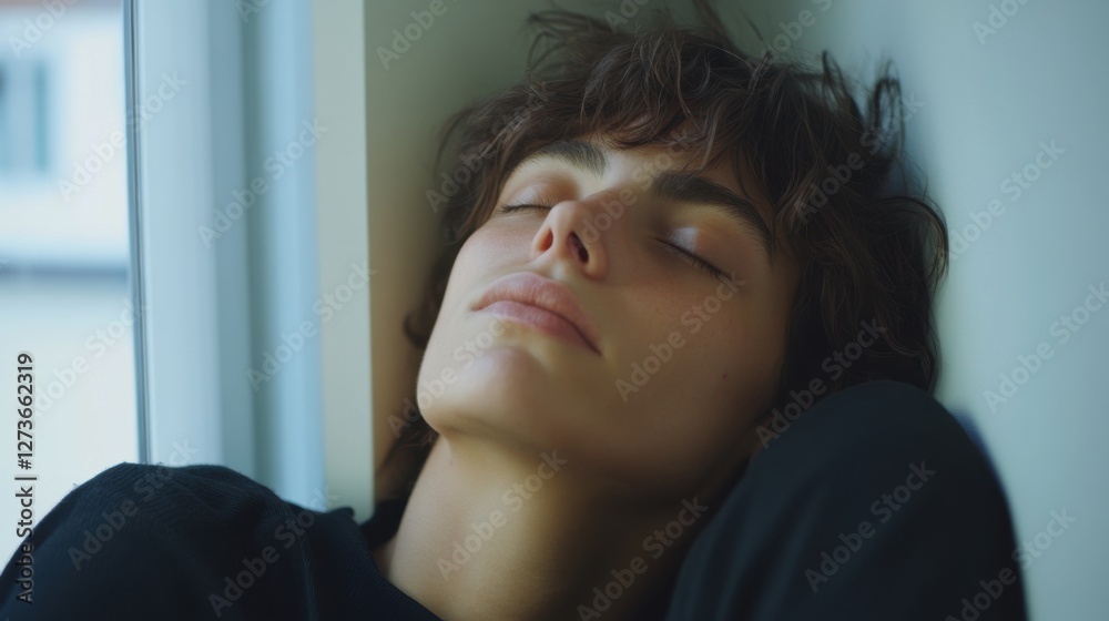 Withdrawal symptoms in a person resting against a window. Featuring emotional fatigue and physical discomfort Withdrawal symptoms in a person resting against a window. Featuring emotional fatigue and physical discomfort