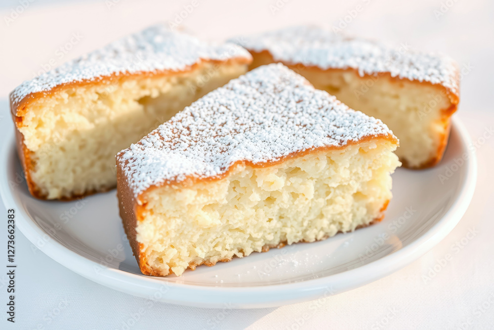 White airy sponge cake sprinkled with powdered sugar on a white plate. Sweets, pastries, biscuit. White airy sponge cake sprinkled with powdered sugar on a white plate. Sweets, pastries, biscuit.