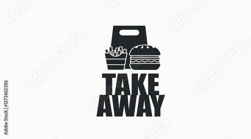 Vector Isolated Illustration of Burger and Fries and a take away bag. Black and White Burger and Fries take away icon