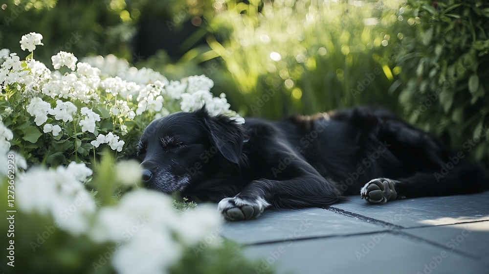 Sleeping Black Dog Relaxing Near White Flowers in a Lush Garden Sleeping Black Dog Relaxing Near White Flowers in a Lush Garden