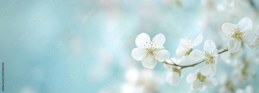 Obraz premium Beautiful white cherry flowers on light blue blurred backgrond. Amazing close-up of spring blossom. Cool clear pure scene displaying beauty of elegance. Business advertisement materials. Copy space