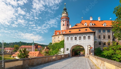 summer cityscape view of the entrance to the minorite monastery in the historical center of cesky krumlov czech republic photo