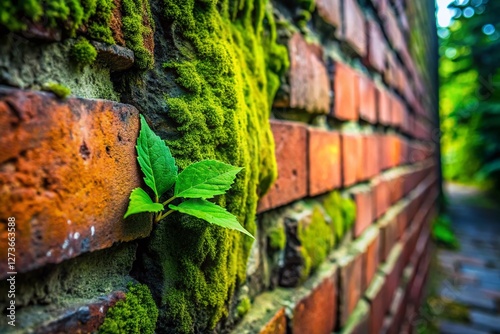 Green Leaf Emerging from Old Brick Wall - High-Resolution Stock Photo