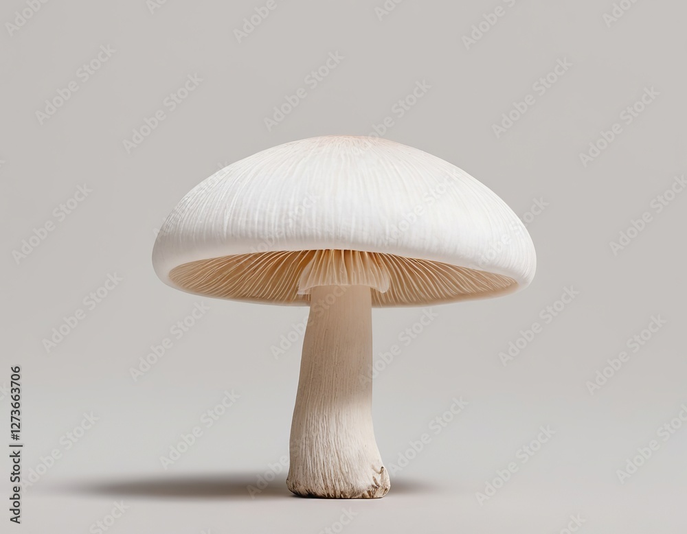 A close-up of a white mushroom with a smooth cap and slender stem against a neutral background. A close-up of a white mushroom with a smooth cap and slender stem against a neutral background.