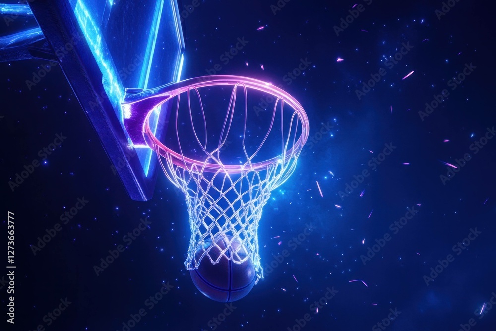 Neon basketball hoop with glowing net and ball, set against a dark background, creates an energetic sports atmosphere emphasizing movement and competition Neon basketball hoop with glowing net and ball, set against a dark background, creates an energetic sports atmosphere emphasizing movement and competition