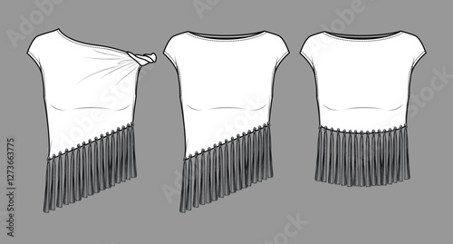 Vector asymmetric top with fringe trim fashion CAD, woman twisted strap blouse technical drawing with tassels detail, template, sketch, flat, mock up. Jersey fabric tee set with front view,white color