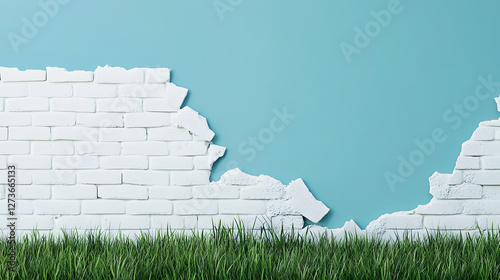 A white brick wall with one section torn off, set against a blue background and green grass at the bottom of the frame
