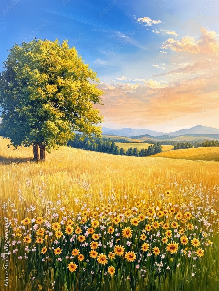 Obraz premium Vibrant meadow with blooming flowers under a colorful sunset, featuring a lone tree and distant hills