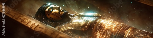 A futuristic Egyptian ruler encased in shimmering light-infused wrappings emerging from an ancient yet ultra-advanced sarcophagus