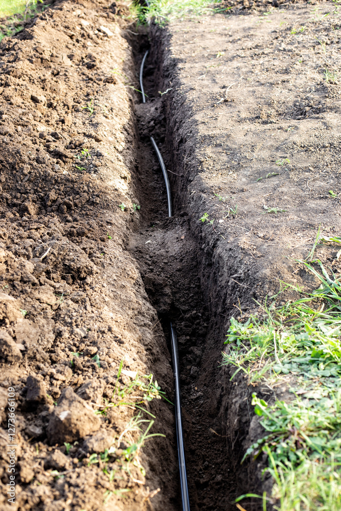 Carrying out drip irrigation in the garden. HDPE pipe lies in a dug trench in the garden