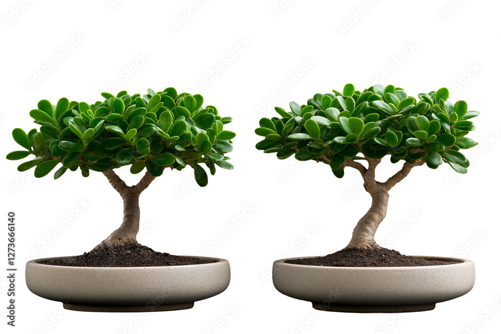 Set of jade bonsai trees with thick succulent leaves isolated on transparent white background Set of jade bonsai trees with thick succulent leaves isolated on transparent white background
